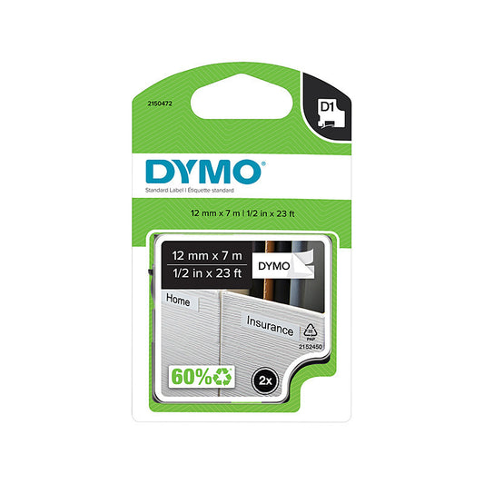 Dymo D1 Blk on Wht 12mmx7m Pk2